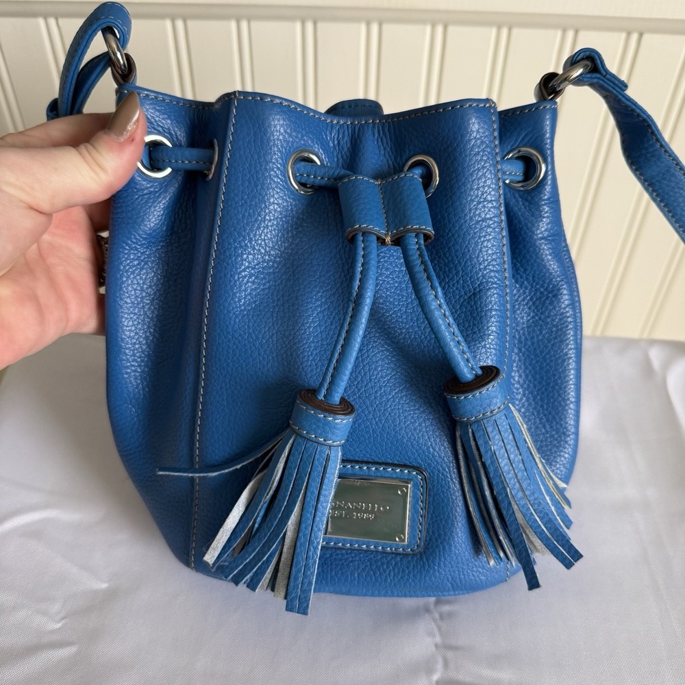 Tignanello Bright Blue Leather Drawstring Bucket Shoulder Crossbody Bag Purse